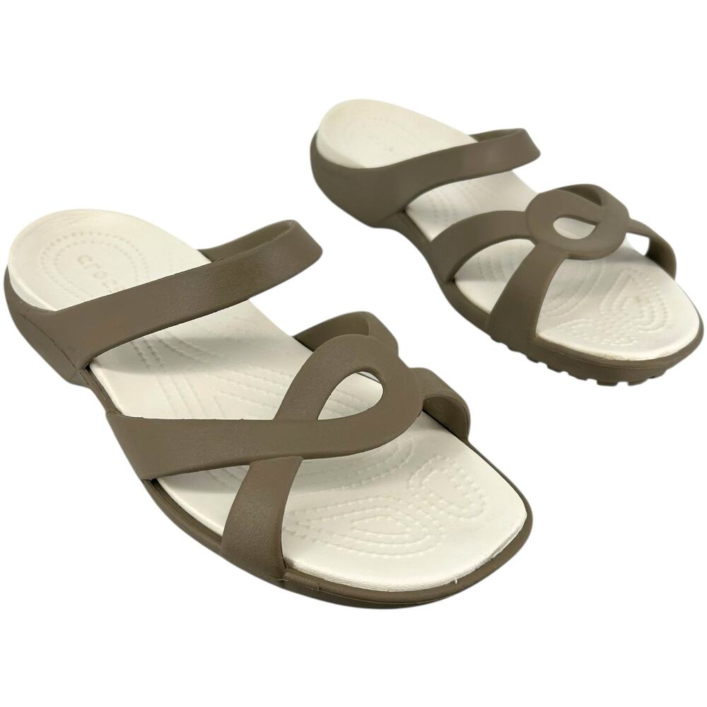 Women's Taupe Grey White CROCS Meleen Twist Strappy Slip On Sandals Size 10